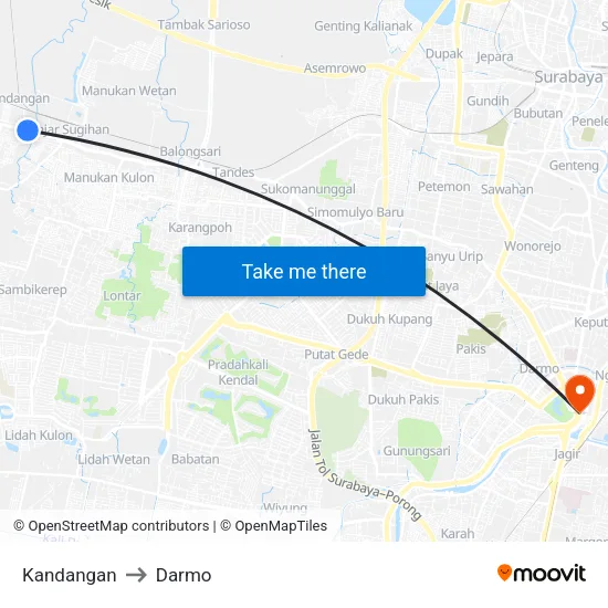 Kandangan to Darmo map
