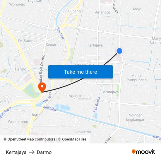 Kertajaya to Darmo map