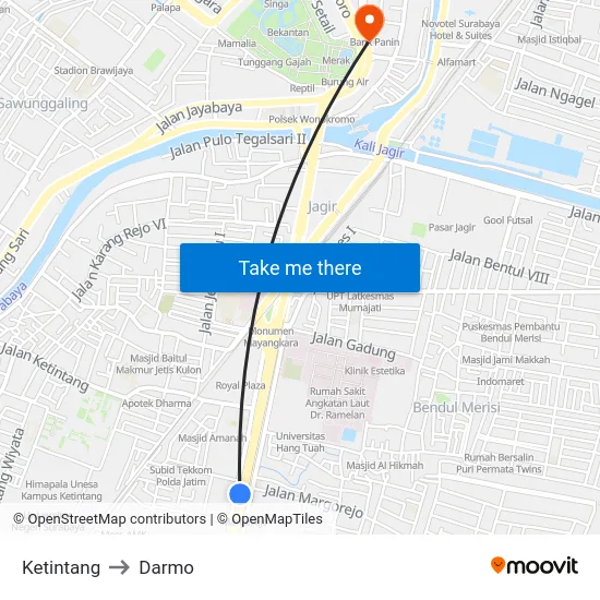 Ketintang to Darmo map