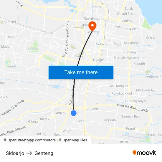 Sidoarjo to Genteng map