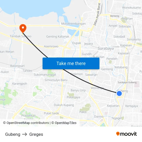 Gubeng to Greges map