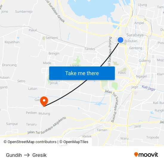 Gundih to Gresik map