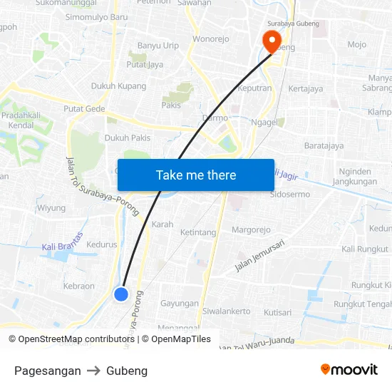 Pagesangan to Gubeng map
