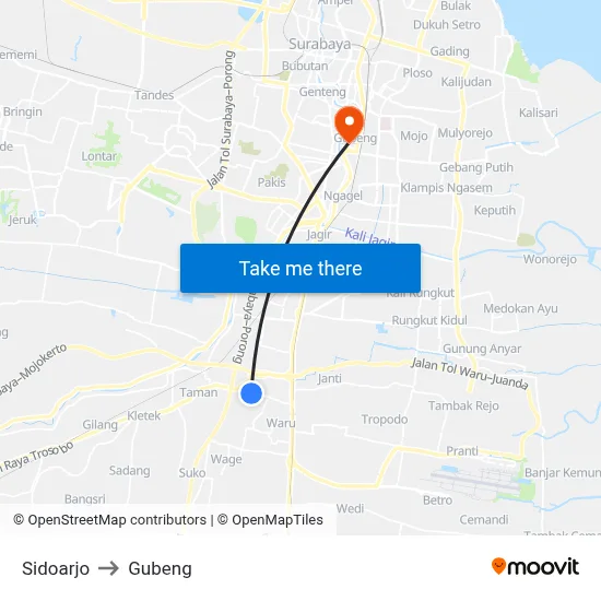 Sidoarjo to Gubeng map