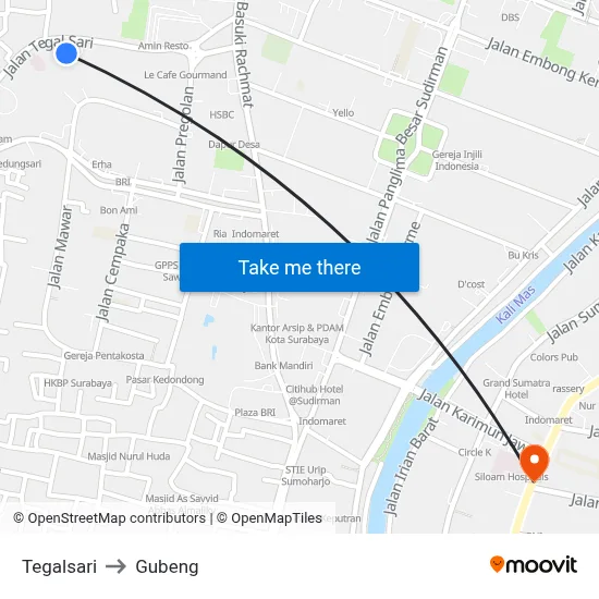 Tegalsari to Gubeng map