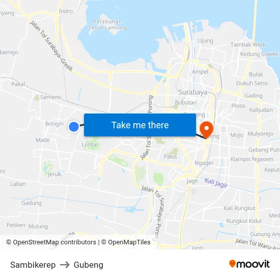 Sambikerep to Gubeng map