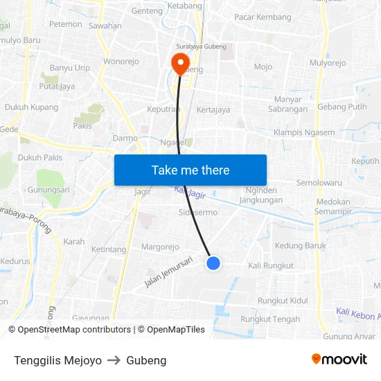 Tenggilis Mejoyo to Gubeng map