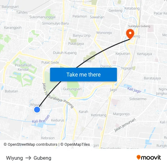 Wiyung to Gubeng map