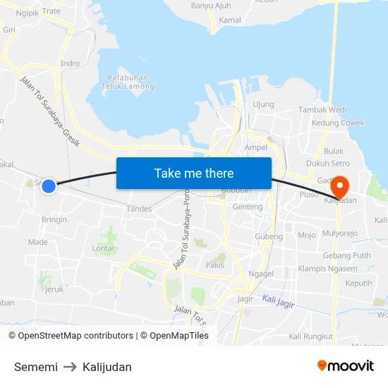 Sememi to Kalijudan map