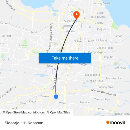Sidoarjo to Kapasan map