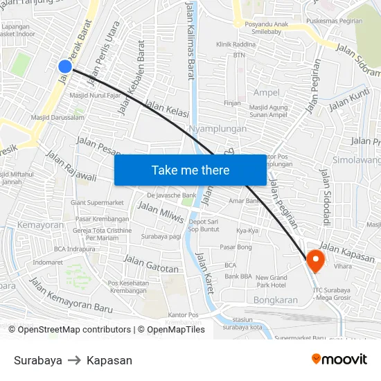 Surabaya to Kapasan map