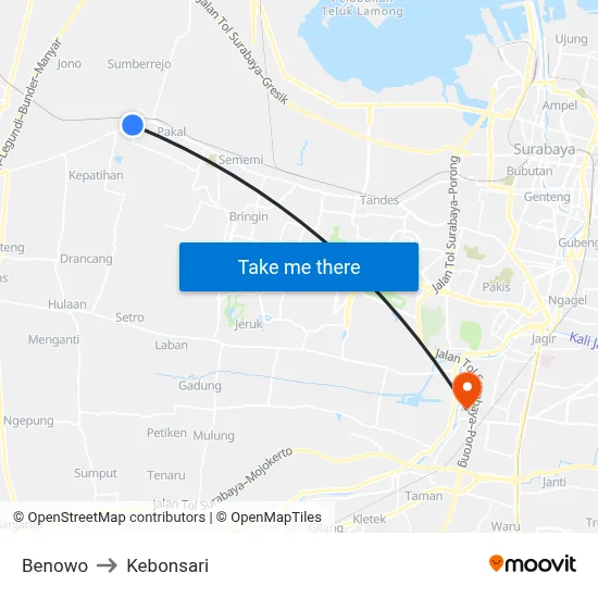 Benowo to Kebonsari map