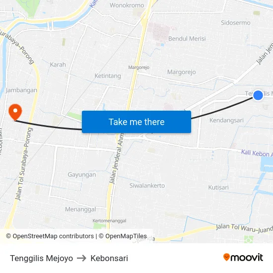 Tenggilis Mejoyo to Kebonsari map
