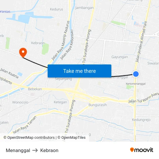 Menanggal to Kebraon map