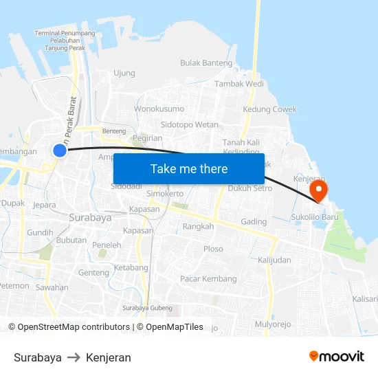 Surabaya to Kenjeran map