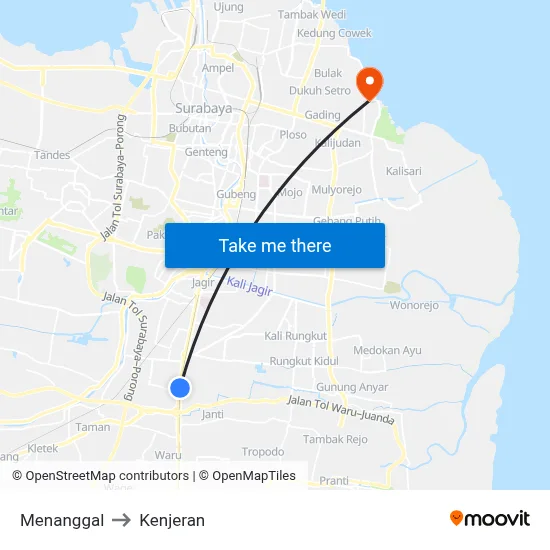 Menanggal to Kenjeran map