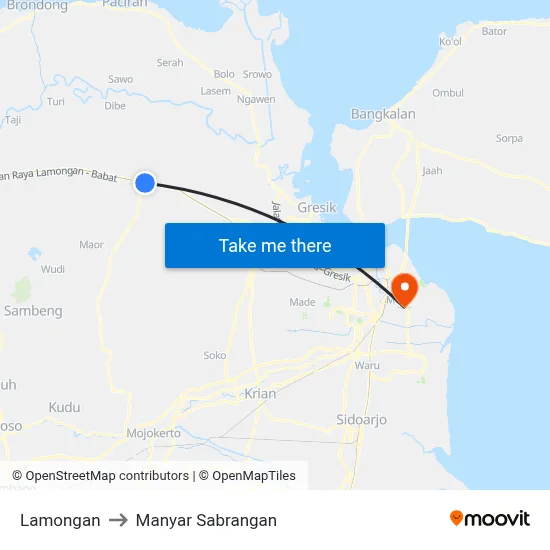 Lamongan to Manyar Sabrangan map