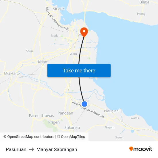 Pasuruan to Manyar Sabrangan map