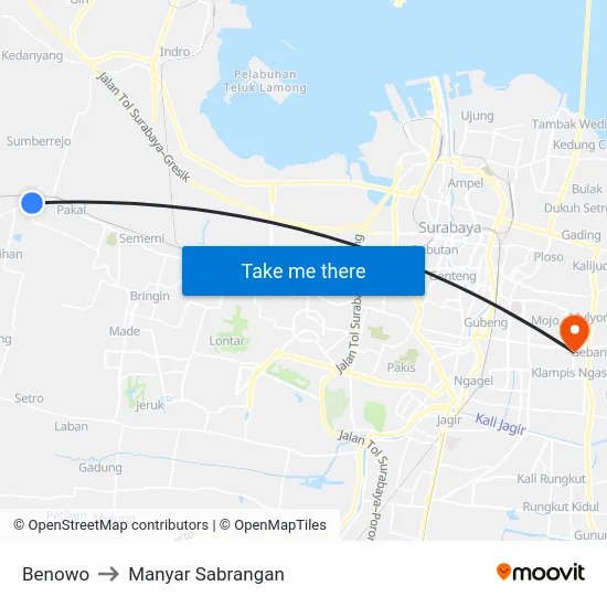 Benowo to Manyar Sabrangan map