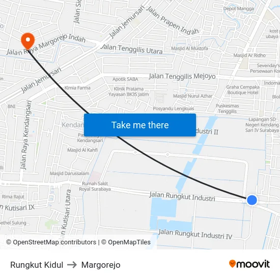 Rungkut Kidul to Margorejo map