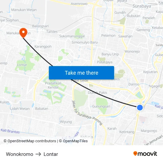 Wonokromo to Lontar map