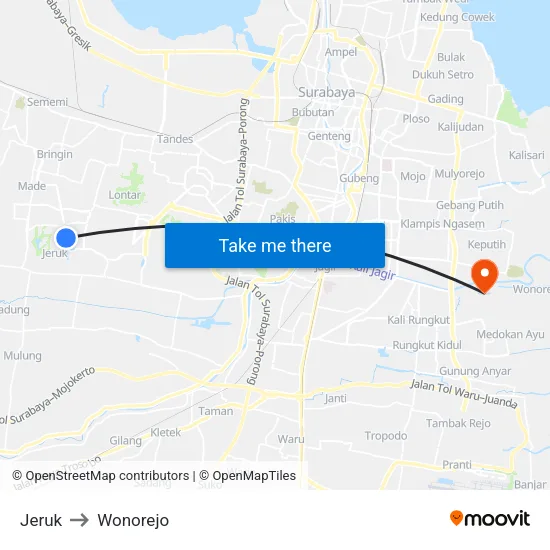Jeruk to Wonorejo map