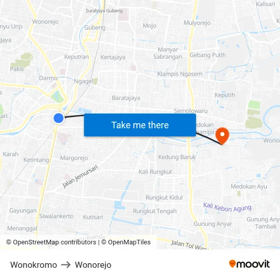Wonokromo to Wonorejo map