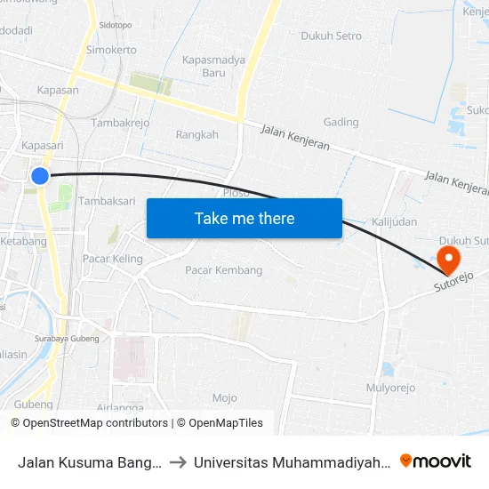 Jalan Kusuma Bangsa 63 B to Universitas Muhammadiyah Surabaya map