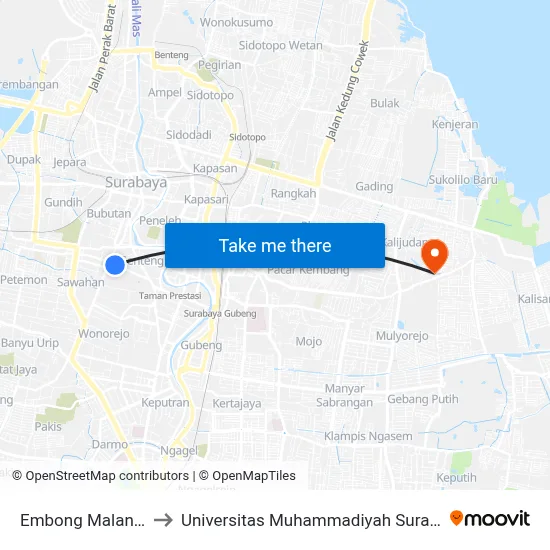 Embong Malang 2 to Universitas Muhammadiyah Surabaya map
