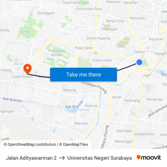 Jalan Adityawarman 2 to Universitas Negeri Surabaya map