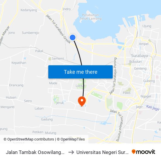 Jalan Tambak Osowilangun 168 to Universitas Negeri Surabaya map