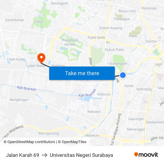 Jalan Karah 69 to Universitas Negeri Surabaya map