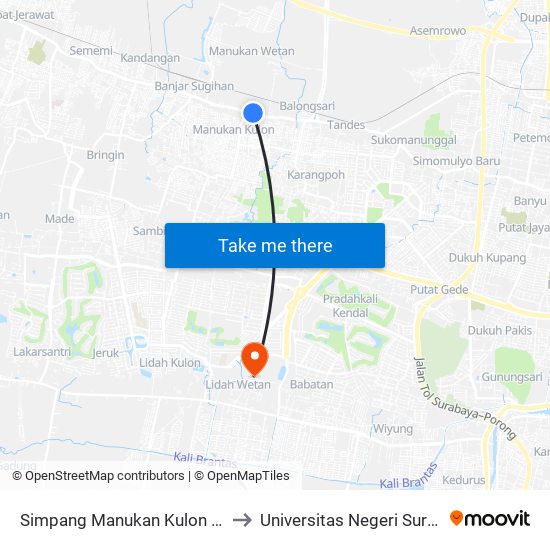 Simpang Manukan Kulon Wetan to Universitas Negeri Surabaya map