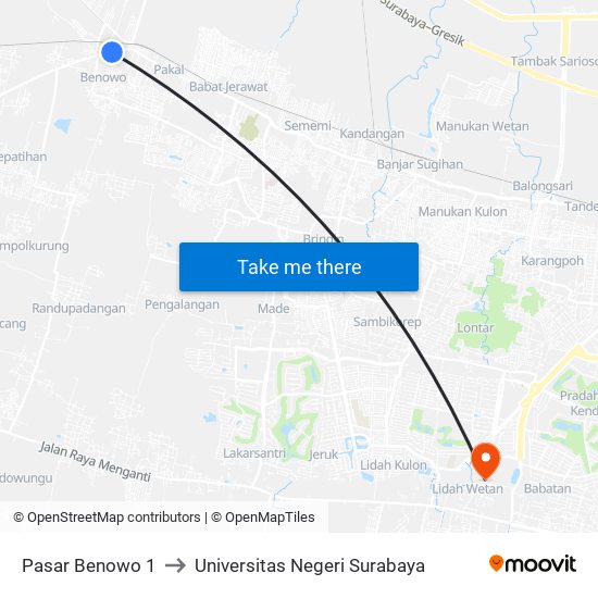Pasar Benowo 1 to Universitas Negeri Surabaya map