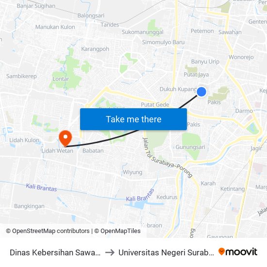 Dinas Kebersihan Sawahan to Universitas Negeri Surabaya map