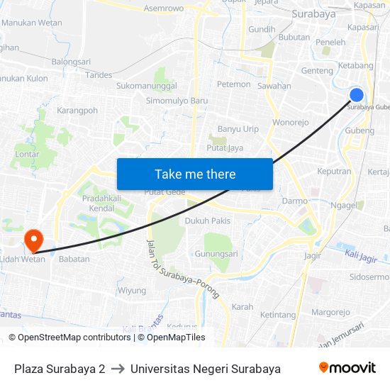 Plaza Surabaya 2 to Universitas Negeri Surabaya map