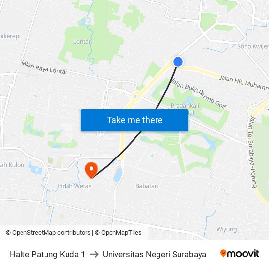 Halte Patung Kuda 1 to Universitas Negeri Surabaya map