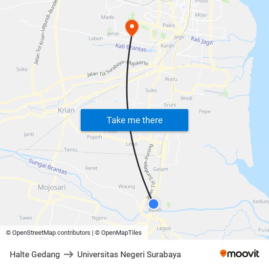 Halte Gedang to Universitas Negeri Surabaya map