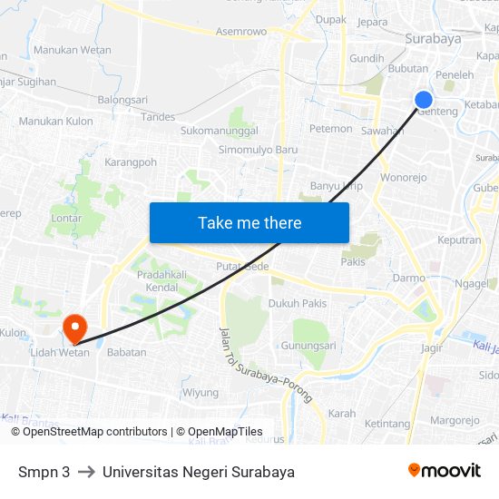 Smpn 3 to Universitas Negeri Surabaya map