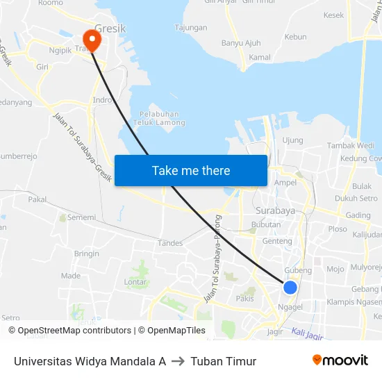 Universitas Widya Mandala A to Tuban Timur map