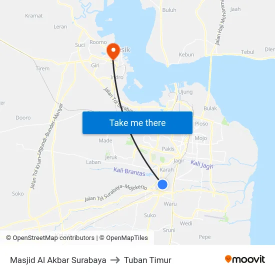 Masjid Al Akbar Surabaya to Tuban Timur map