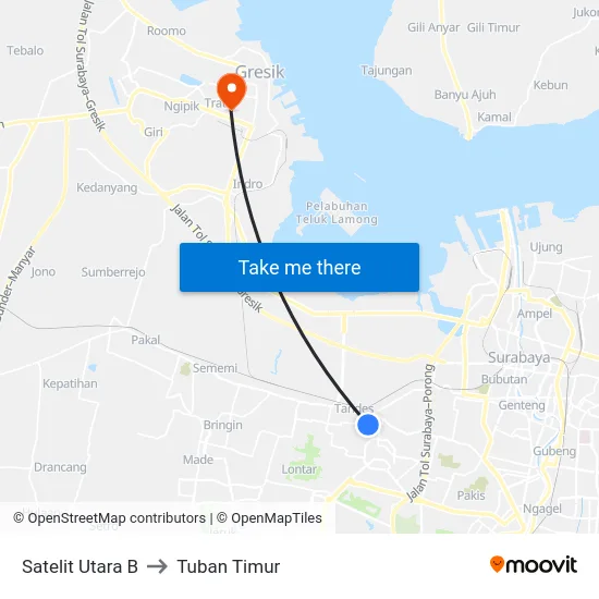 Satelit Utara B to Tuban Timur map