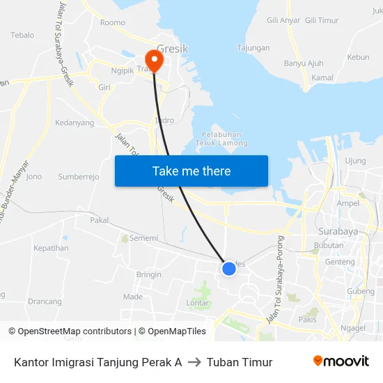 Kantor Imigrasi Tanjung Perak A to Tuban Timur map