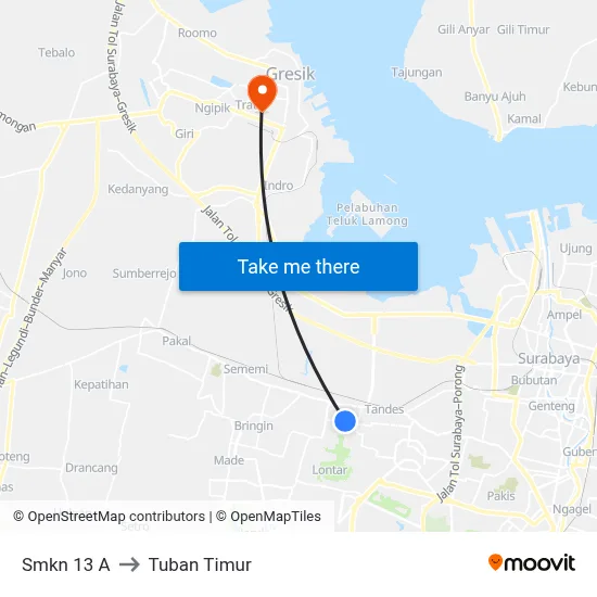 Smkn 13 A to Tuban Timur map