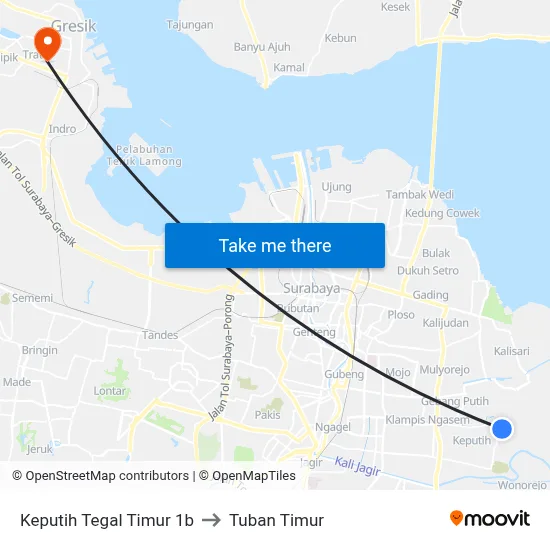 Keputih Tegal Timur 1b to Tuban Timur map