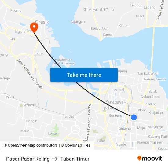 Pasar Pacar Keling to Tuban Timur map