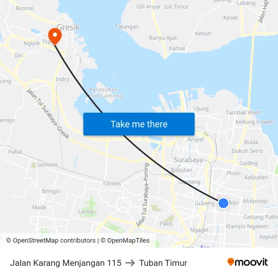 Jalan Karang Menjangan 115 to Tuban Timur map