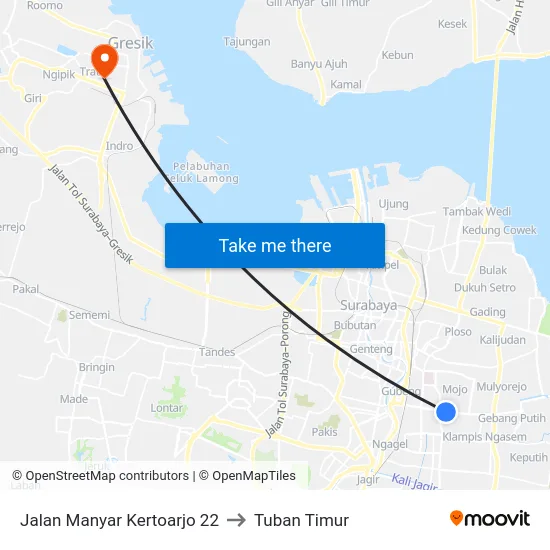 Jalan Manyar Kertoarjo 22 to Tuban Timur map