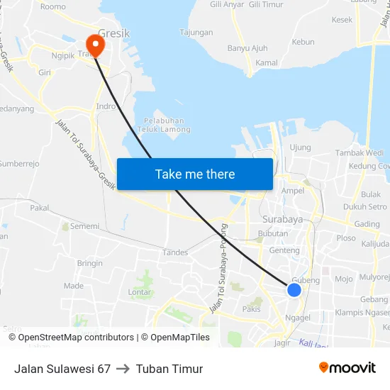 Jalan Sulawesi 67 to Tuban Timur map