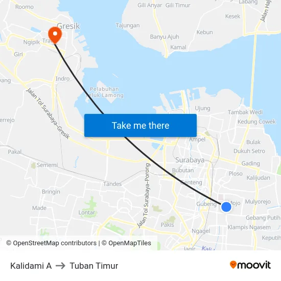 Kalidami A to Tuban Timur map